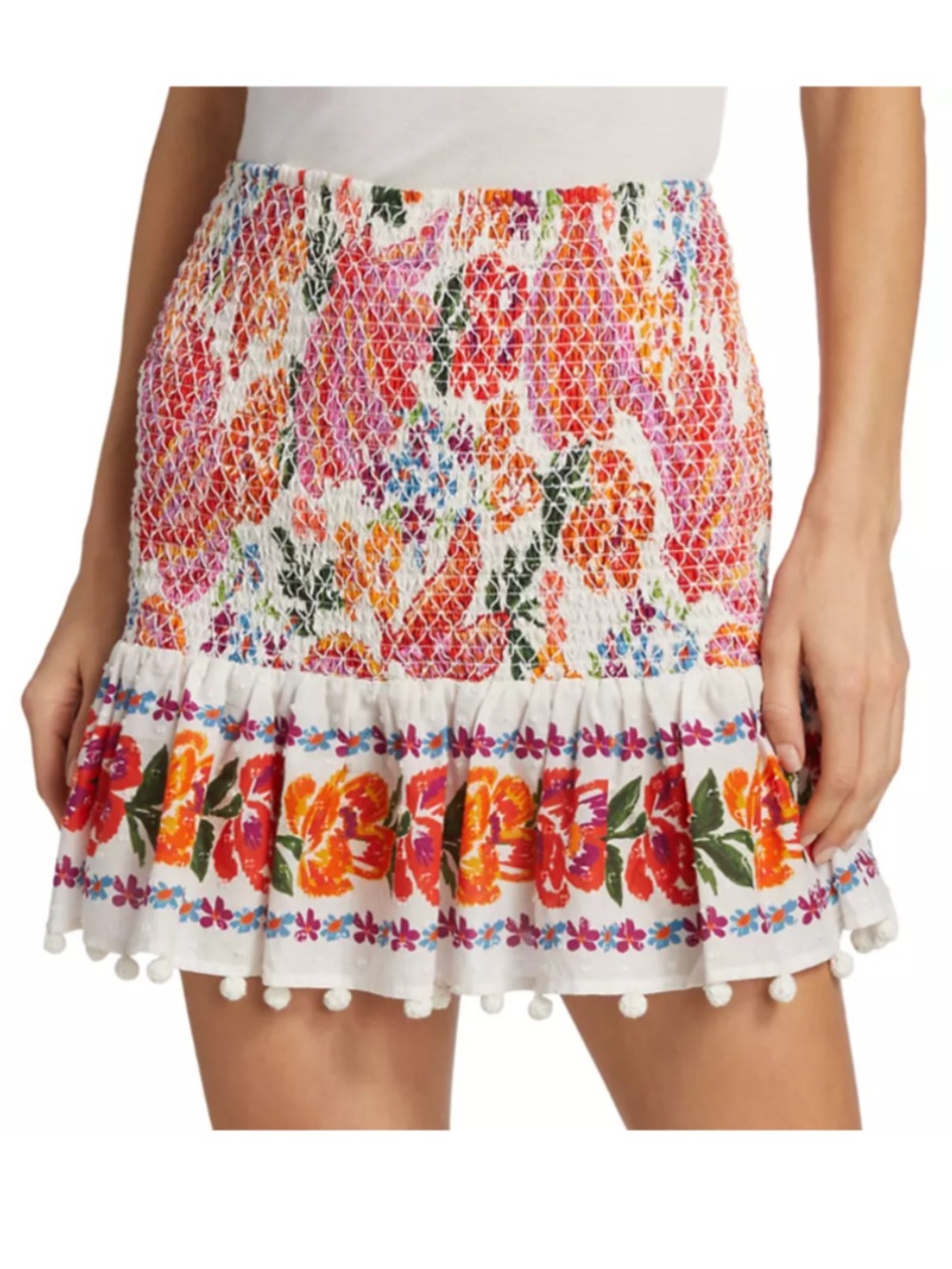 FARM Rio Spring Bananas Mini Skirt Floral Smocked Pom Pom Trim Women's Large